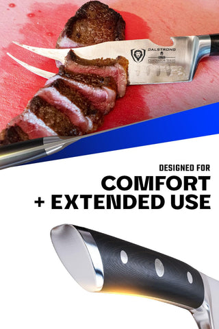 Dalstrong NSF certified badge on Pitmaster knife indicating safety standards.