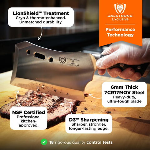 Dalstrong Obliterator black G10 handle close-up showing secure grip