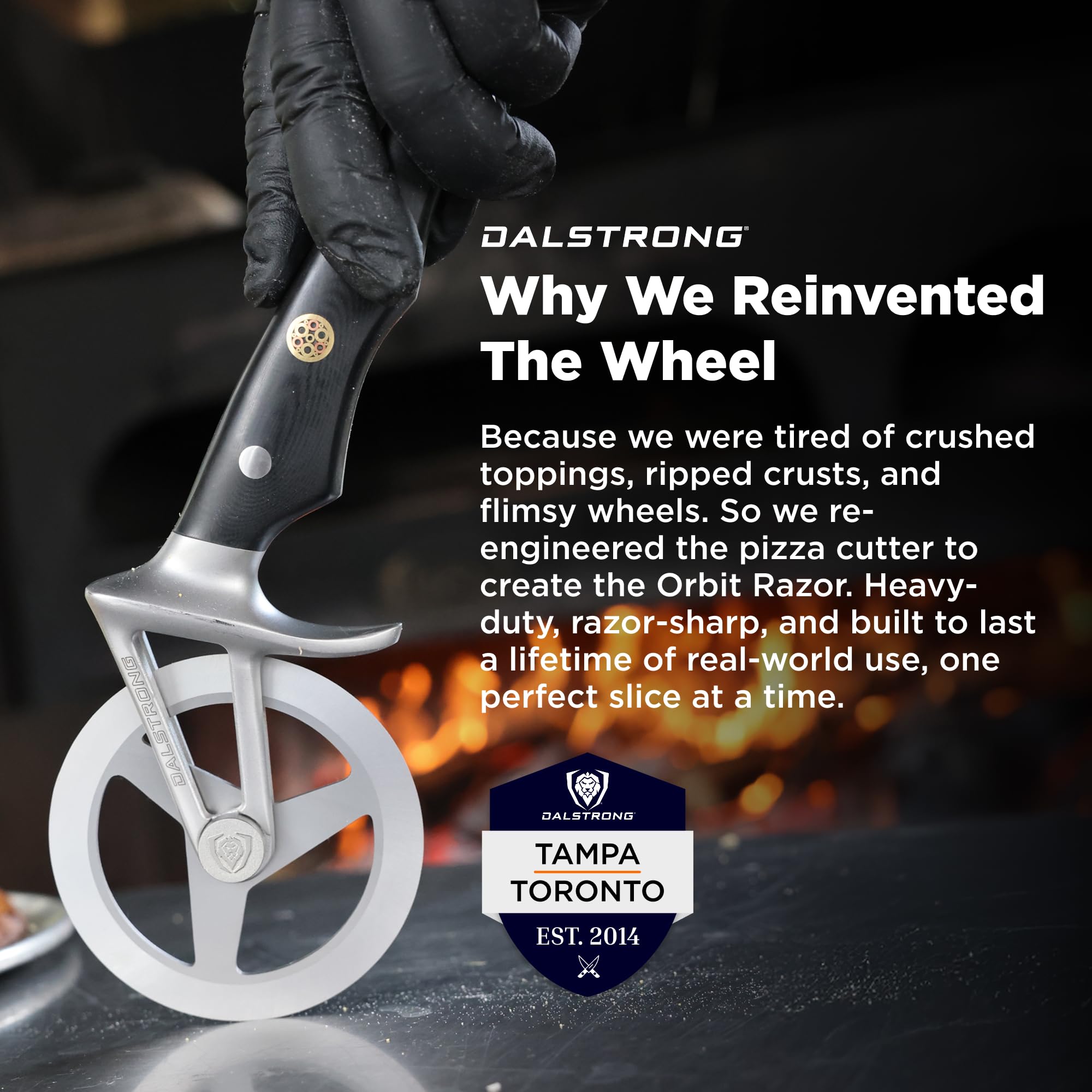 Dalstrong Orbit Razor Pizza Wheel blade cover protects blade and storage.