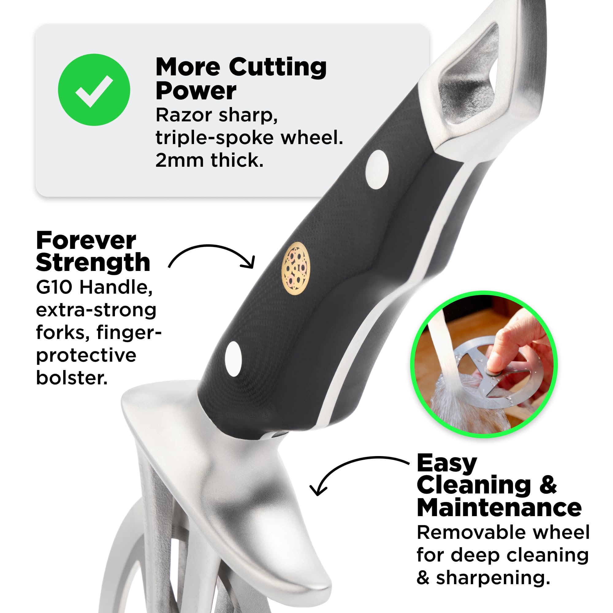 Dalstrong Orbit Razor Pizza Wheel finger guard enhances safety while slicing.