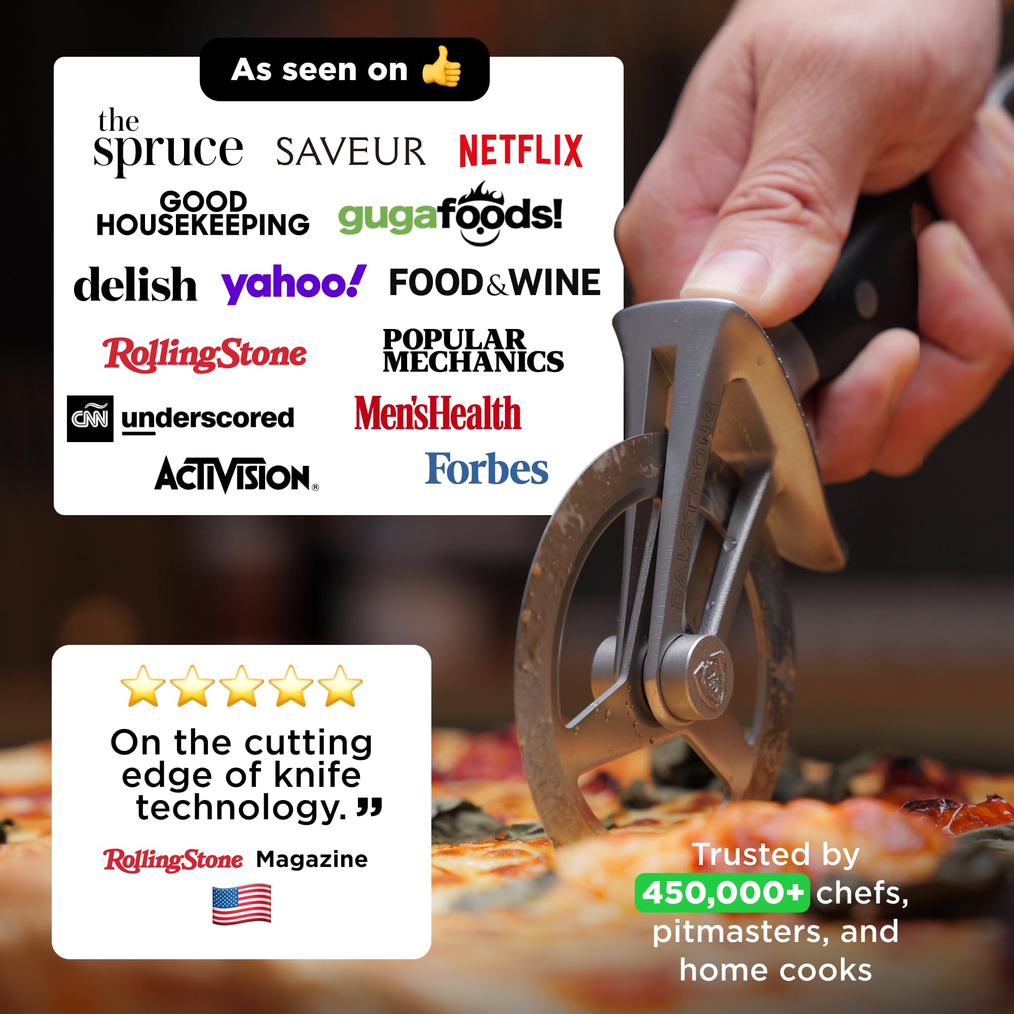 Dalstrong Orbit Razor Pizza Wheel wheel detail highlights sturdy cutting surface.