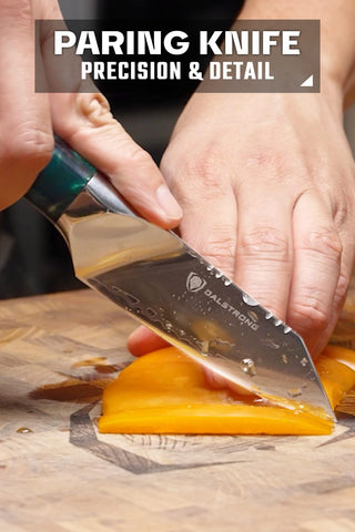 Dalstrong Paring Knife 4-Inch Valhalla handle closeup showcasing stabilized wood and resin grip.