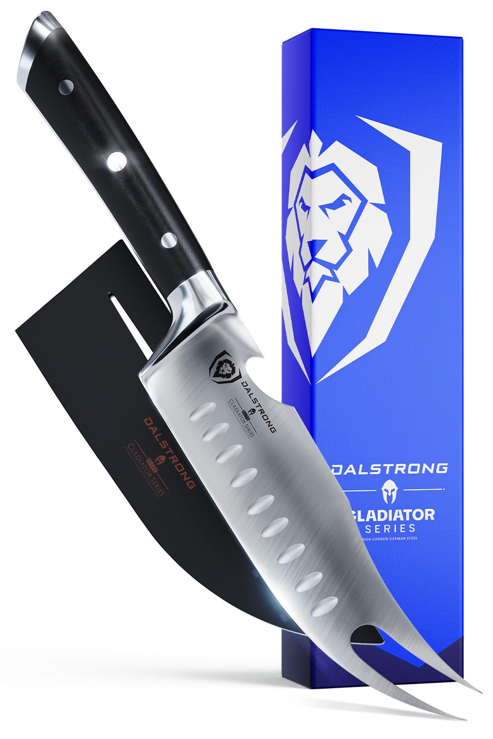 Dalstrong Pitmaster knife with forked tip for flipping meat on the grill.