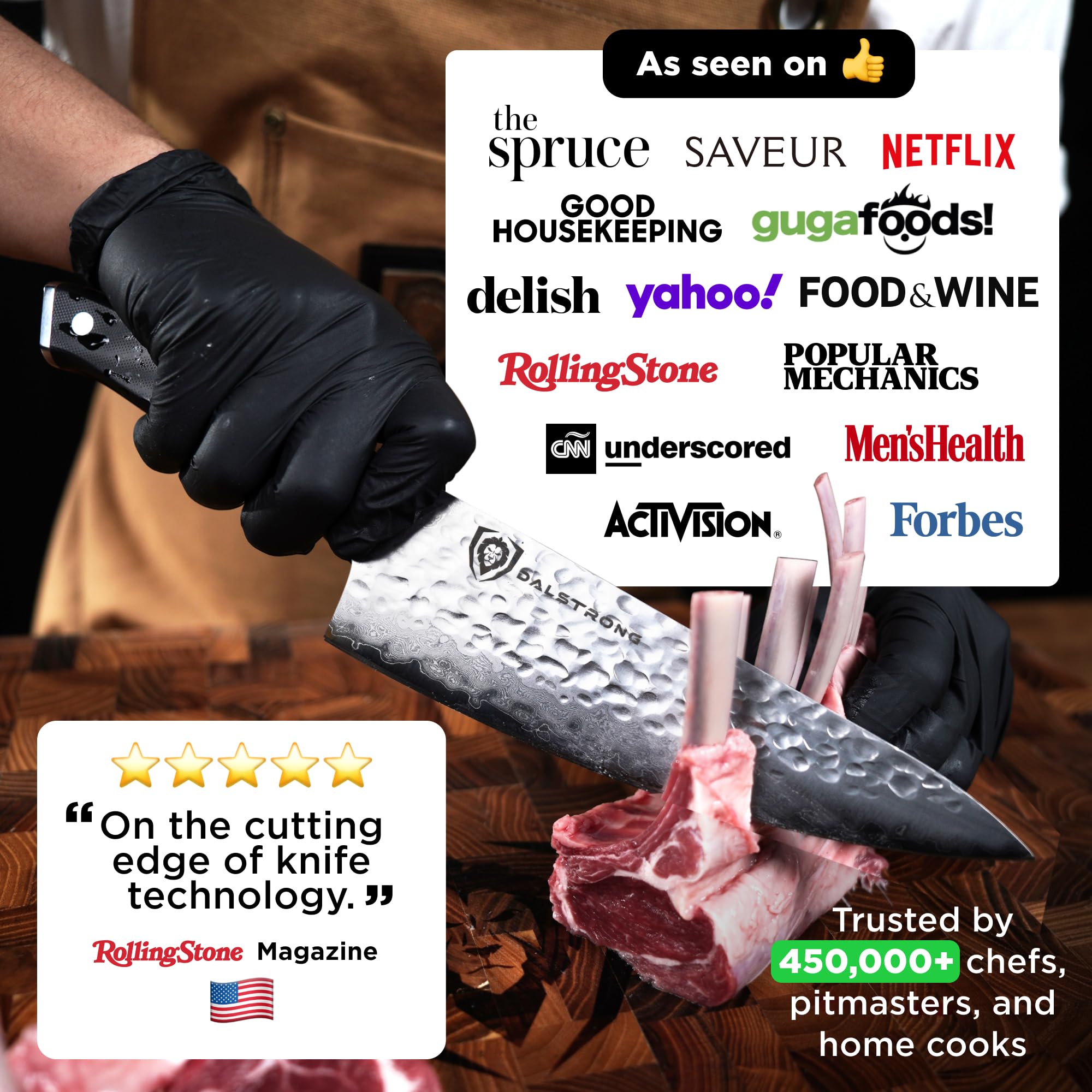 Dalstrong Shogun Elite 8in knife featuring AUS-10V steel for edge retention.