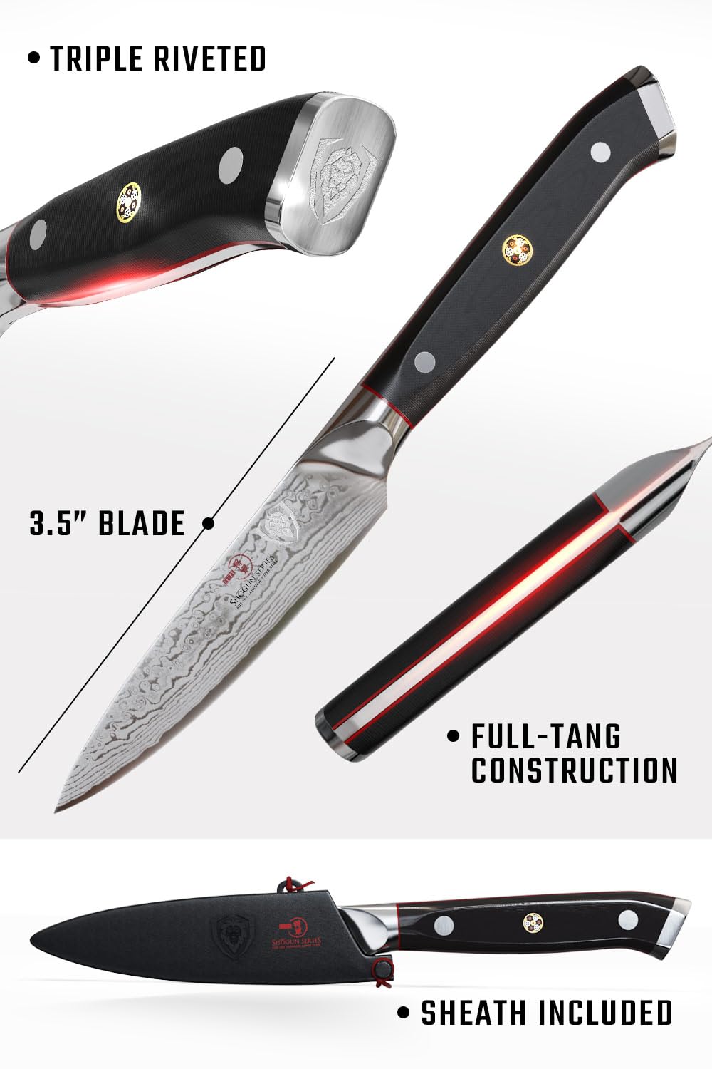 Dalstrong tsunami-rose layers visible in Damascus pattern for premium aesthetics