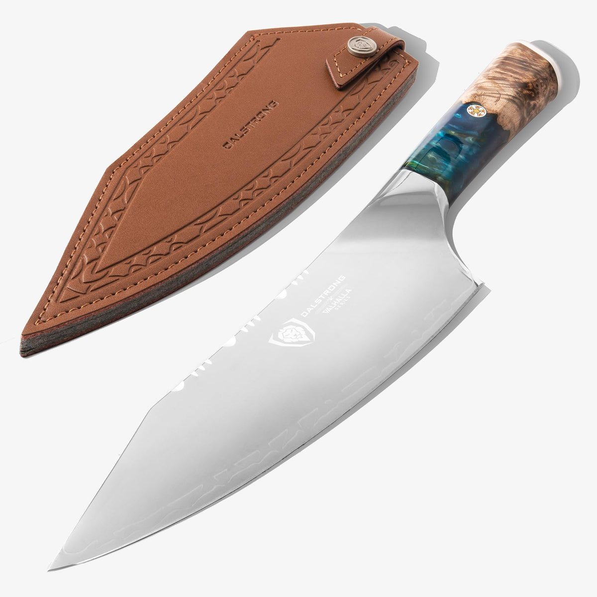Dalstrong Valhalla 8-inch Chef Knife blade close-up shows sharp precision for effortless slicing.