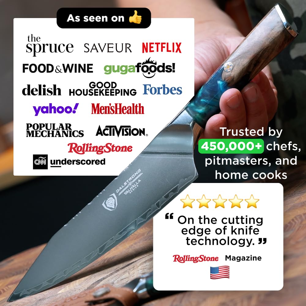 Dalstrong Valhalla 8-inch Chef Knife edge shine highlights its ultra-sharp performance.