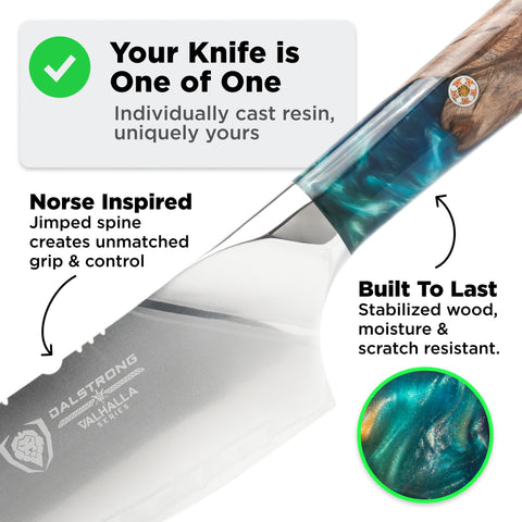 Dalstrong Valhalla 8-inch Chef Knife full-hero showcases resin, wood, and steel craftsmanship.