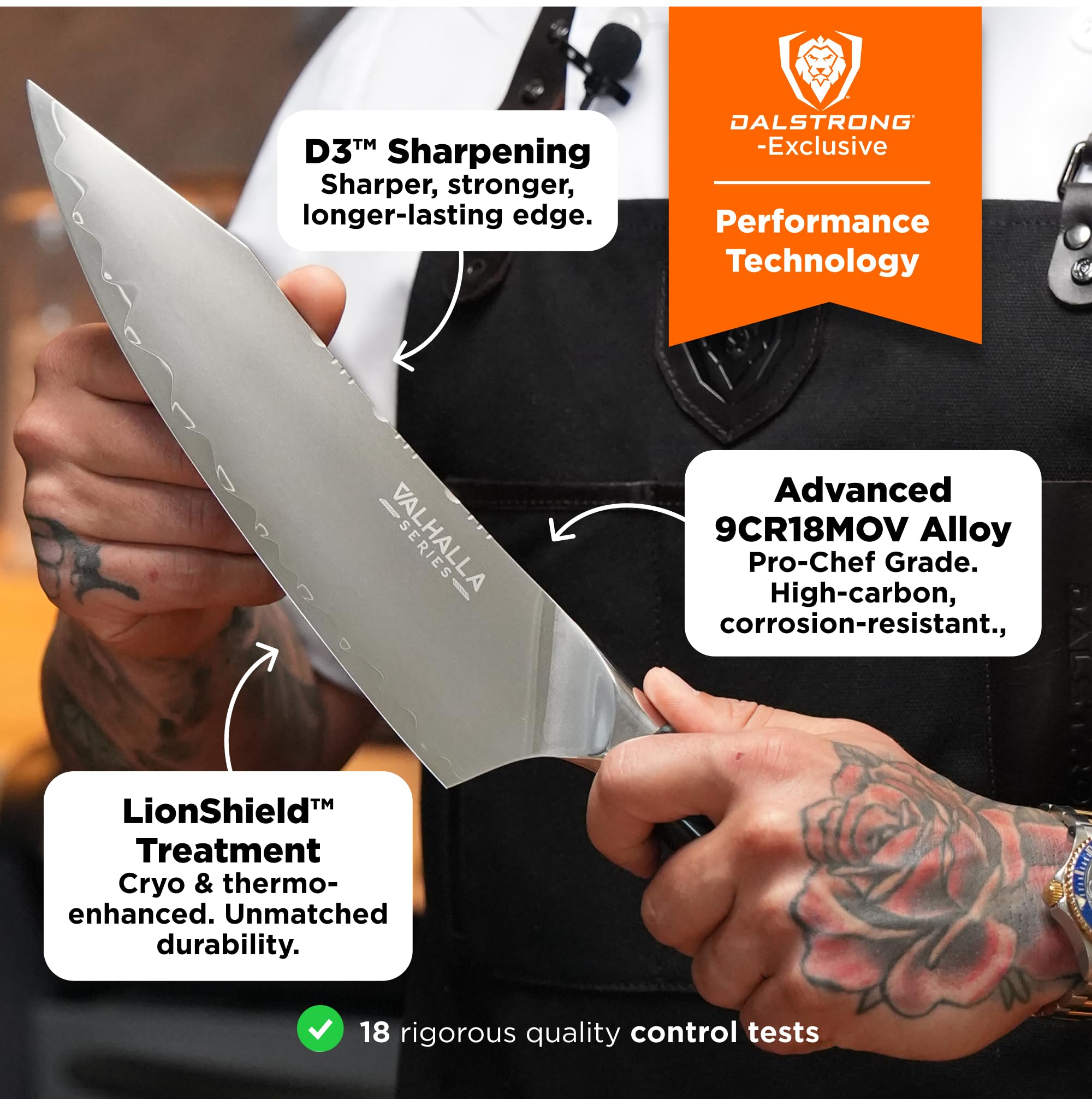 Dalstrong Valhalla 8-inch Chef Knife handle detail reveals celestial resin with stabilized wood.