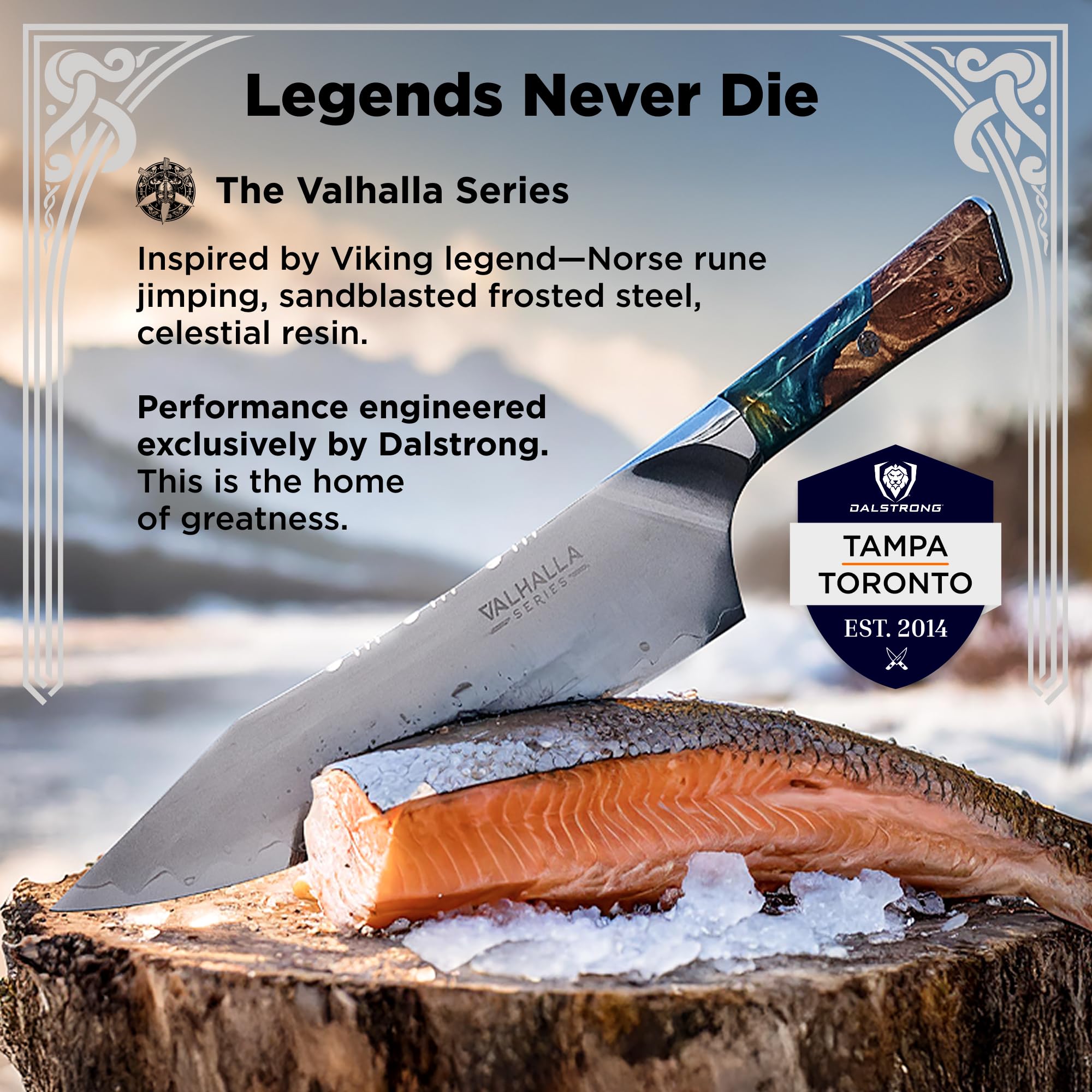 Dalstrong Valhalla 8-inch Chef Knife leather sheath included for safe storage.