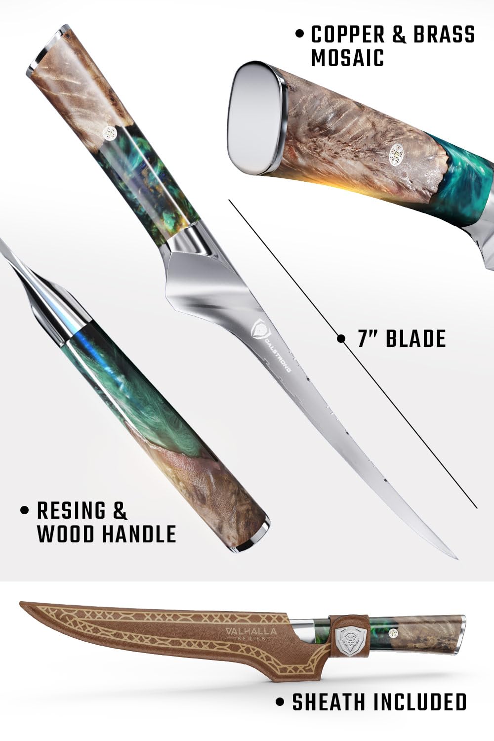 Dalstrong Valhalla fillet knife ergonomic handle enhances grip.