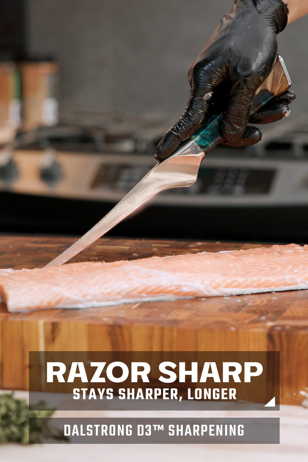 Close-up of the flexible blade for precise filleting and skinning.