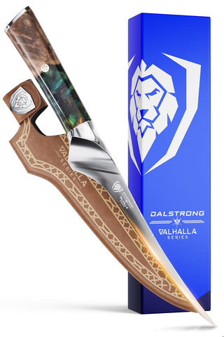 Dalstrong Valhalla fillet knife with leather sheath for safe storage.