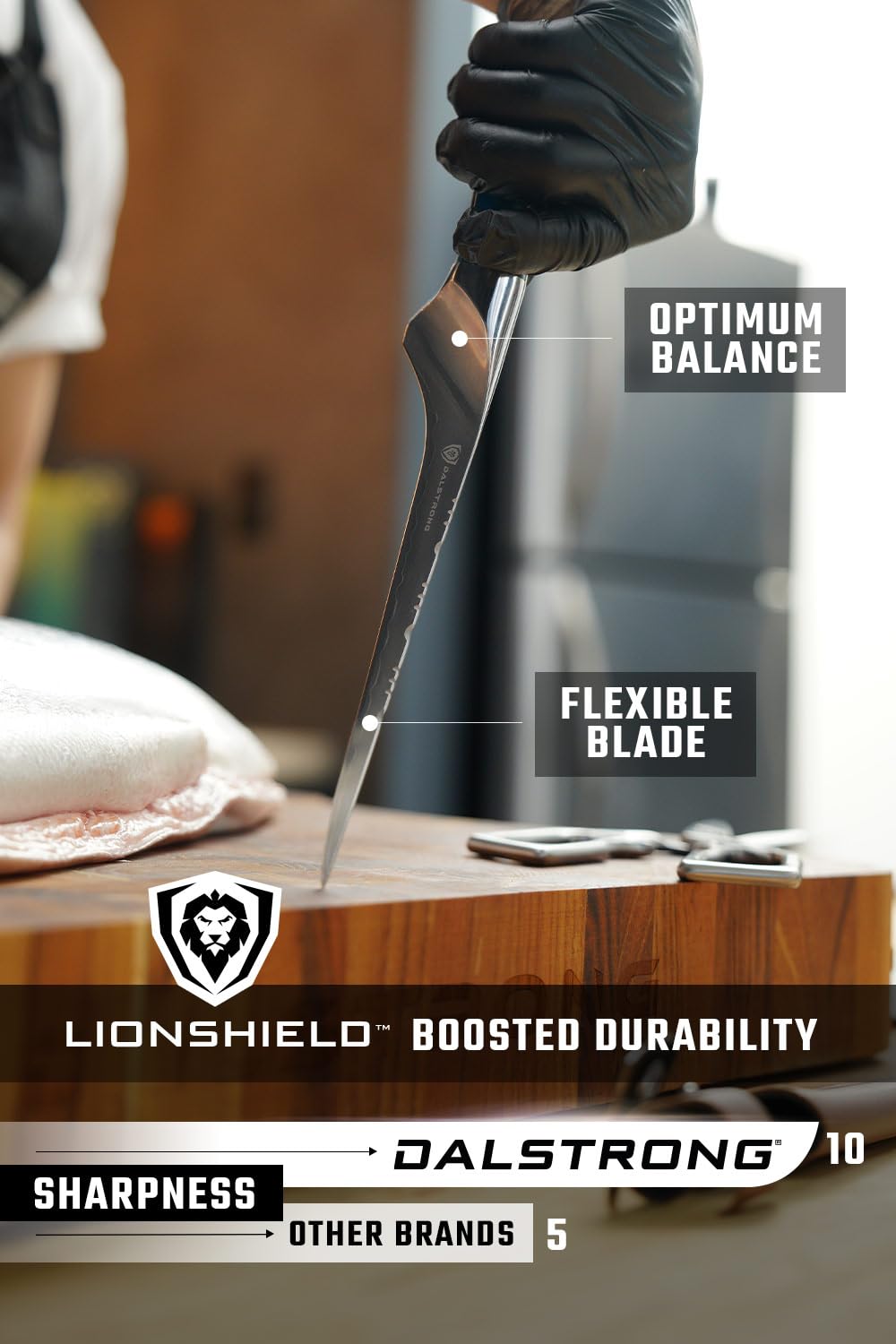 Dalstrong Valhalla fillet knife's rust-resistant full-tang blade provides durability.