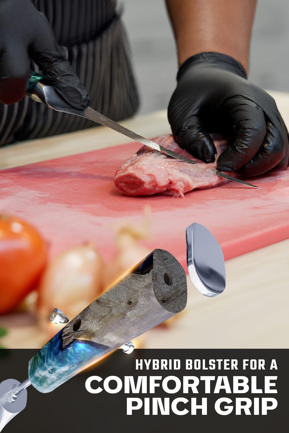 Dalstrong Valhalla fillet knife's tapered point enables precise bone removal.