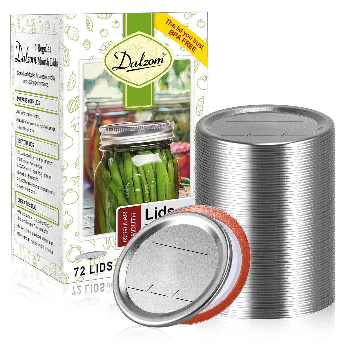 Dalzom 72Pcs Regular Mouth Lids on Ball jars with an airtight seal.