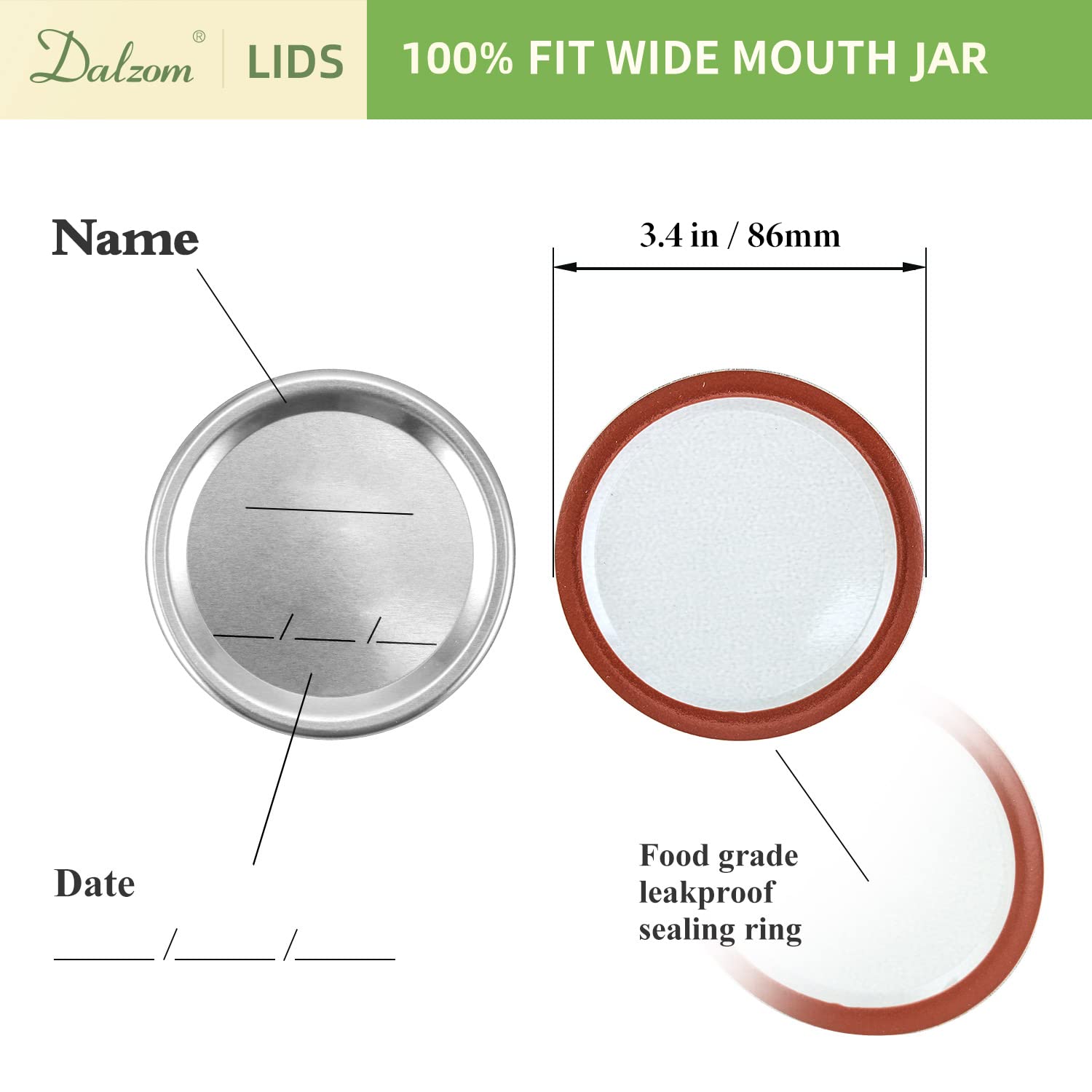Dalzom food-grade lids with BPA-free silicone seals for reliable canning.