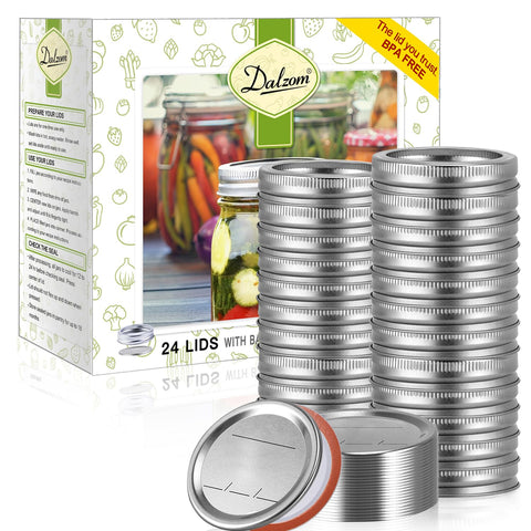 Dalzom wide-mouth lids with rings for airtight preservation on Ball and Kerr jars.