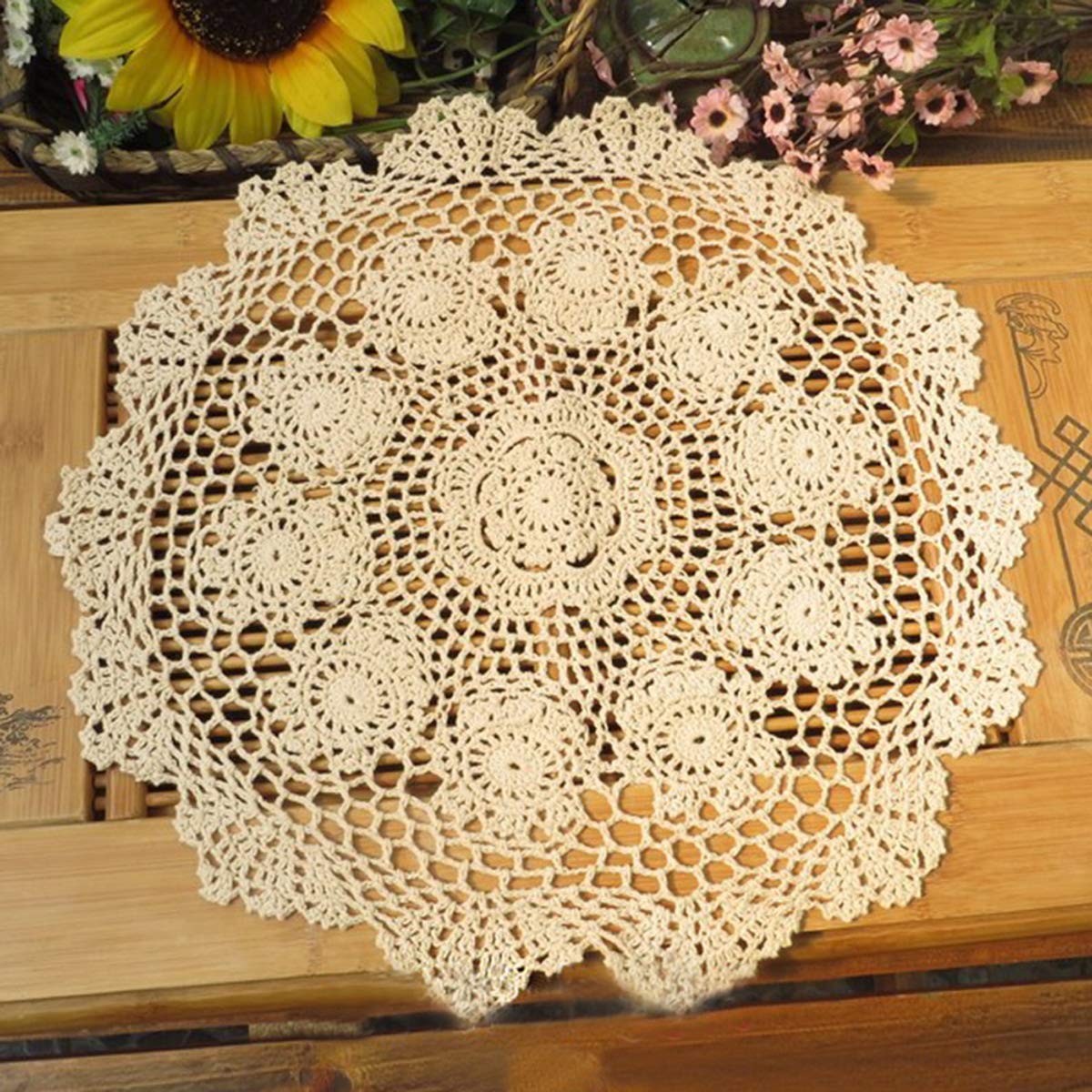 Damanni round 16-inch crochet lace tablecloth adds delicate charm to dining space