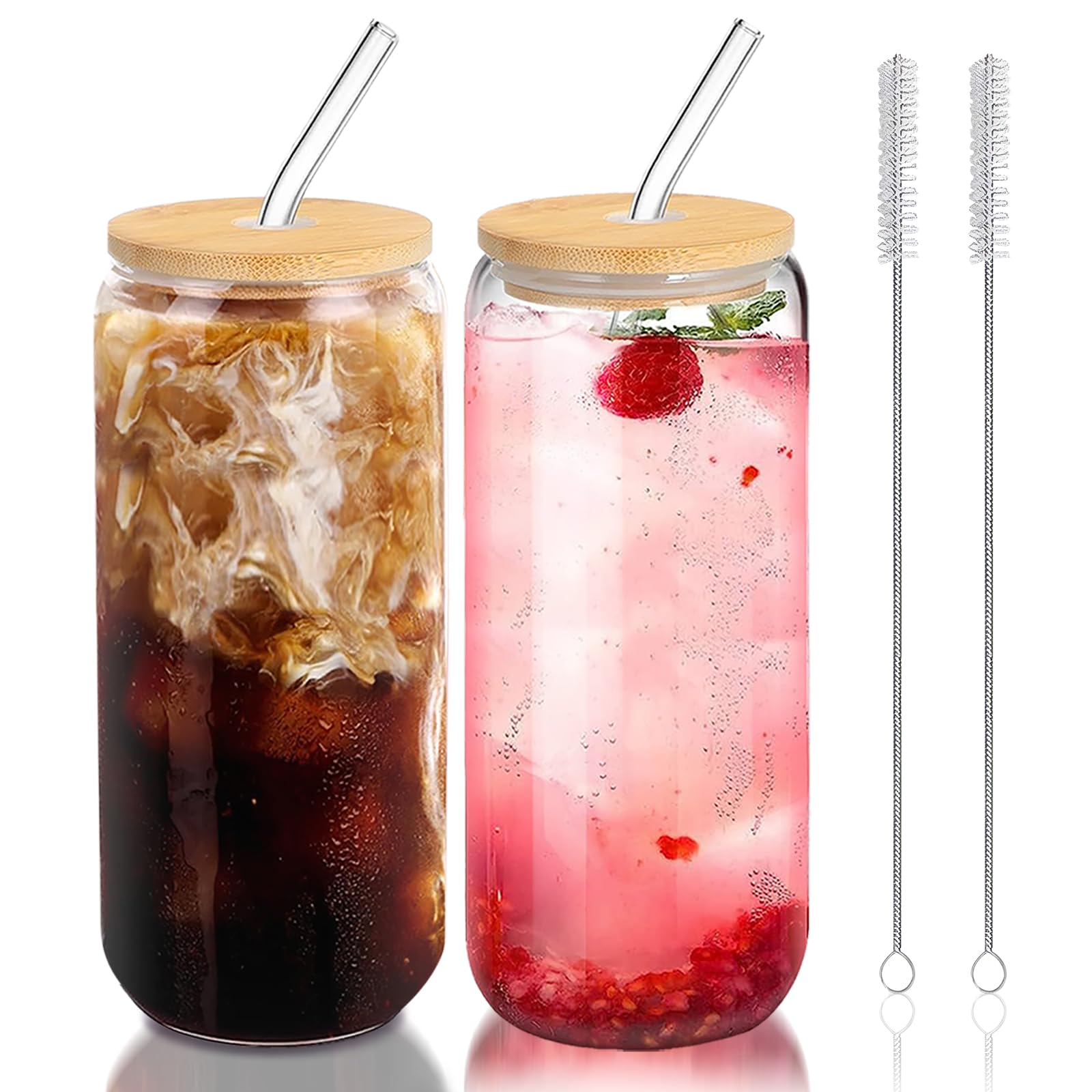 DAMCONME glass cups with lids and straws, 20 oz, ideal for iced coffee at home or office.