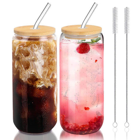 DAMCONME glass cups with lids and straws, 20 oz, ideal for iced coffee at home or office.