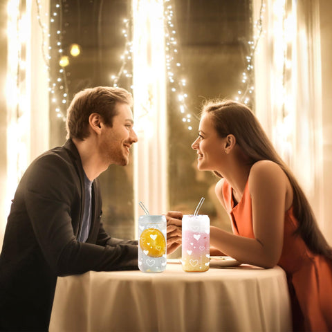 DAMCONME iced coffee setup with heart glass cups