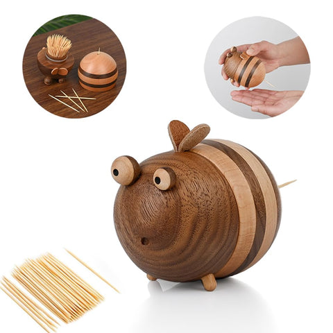 Damuzhi Bee Toothpick Holder Dispenser on table, highlighting chic wood grain for stylish dining.