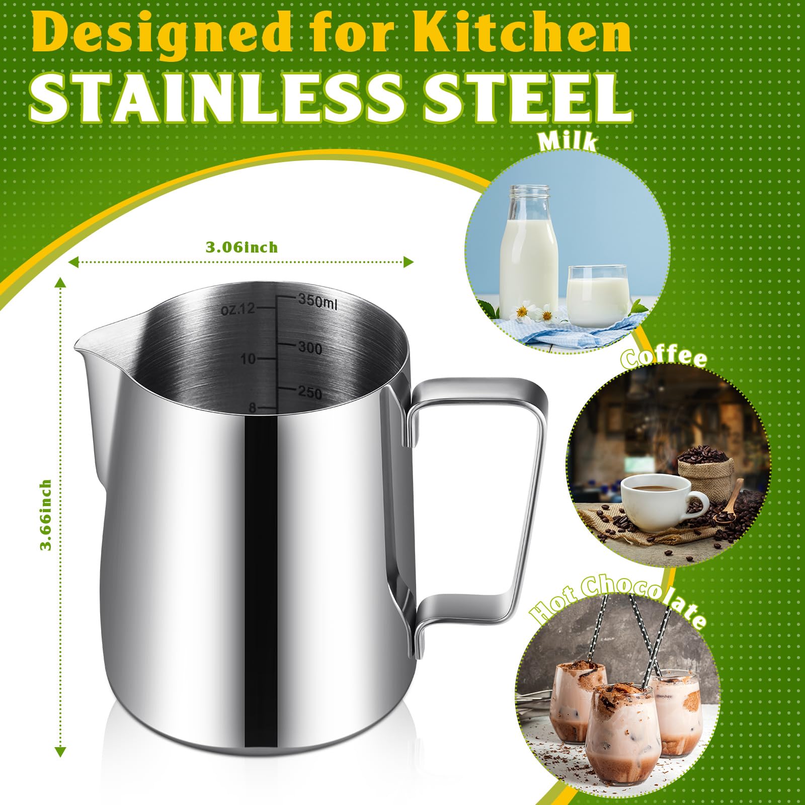 Dandat pitcher with 304 stainless steel construction for durability.