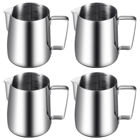 Dandat milk frothing pitcher set with built-in scale for precise measurements.