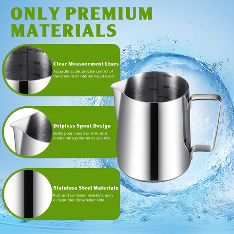 Dandat pitcher featuring built-in scale for exact milk and froth measurements.