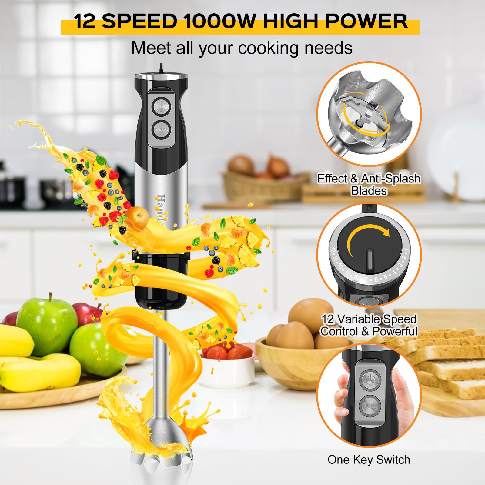 Danett turbo button enables instant power boost for dense ingredients.