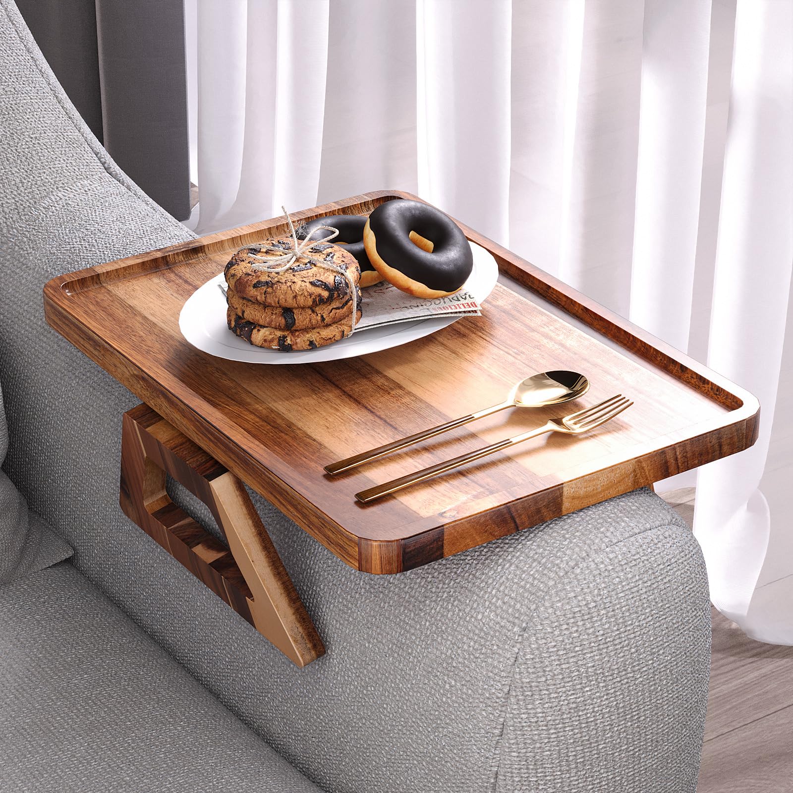 Danfoxer Acacia tray on sofa arm with clip-on design for secure placement