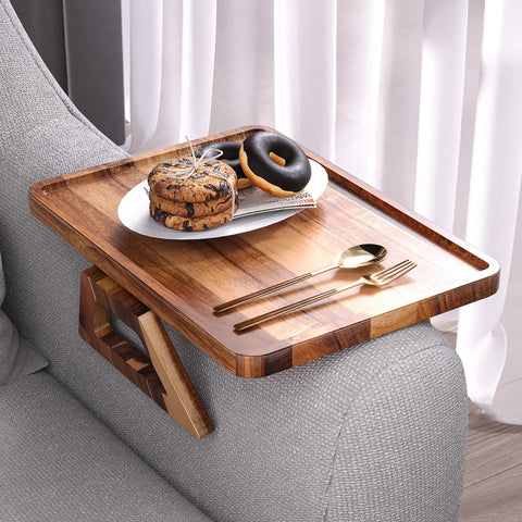 Danfoxer Acacia tray on sofa arm with clip-on design for secure placement