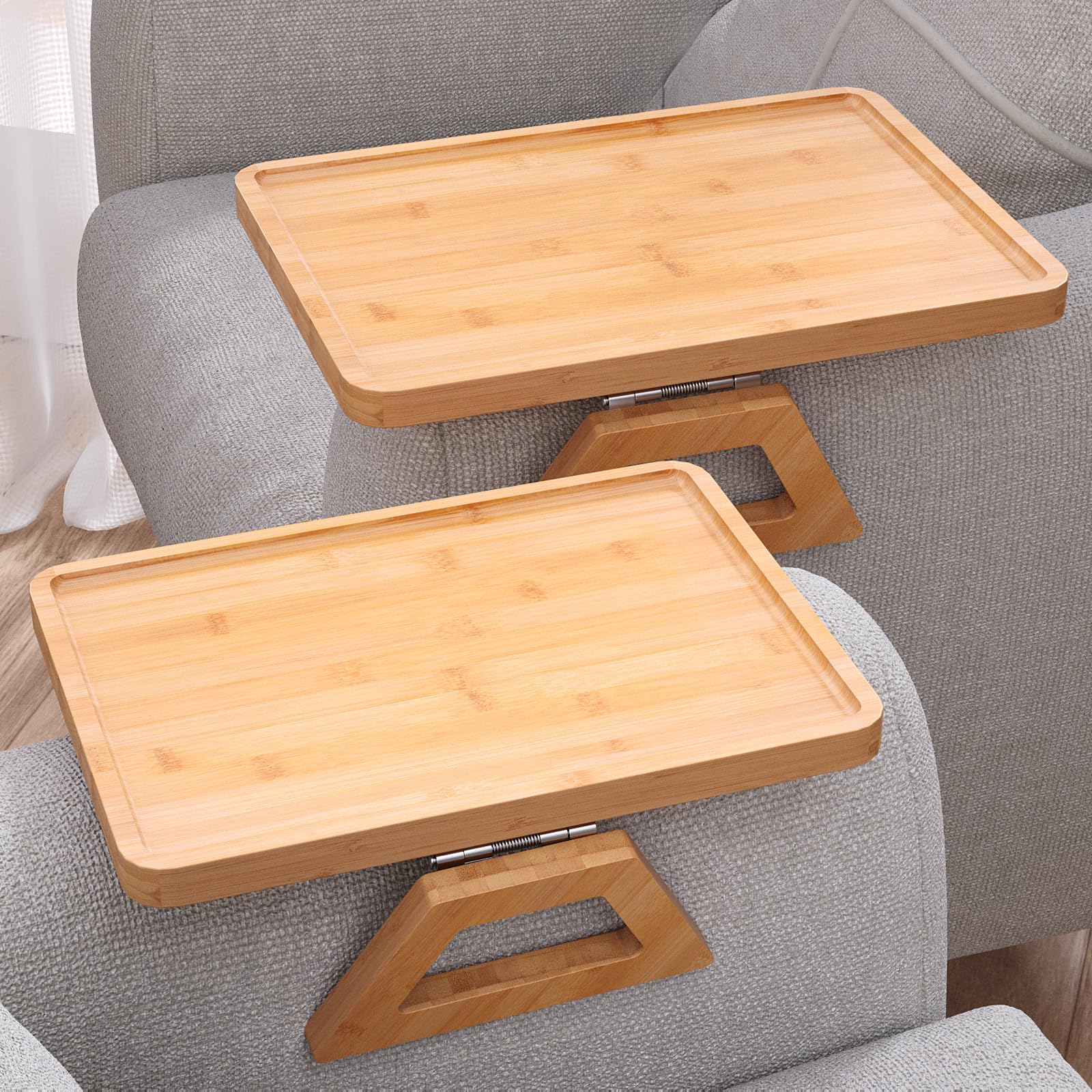 Danfoxer bamboo couch arm tray on a sofa arm keeps drinks steady.