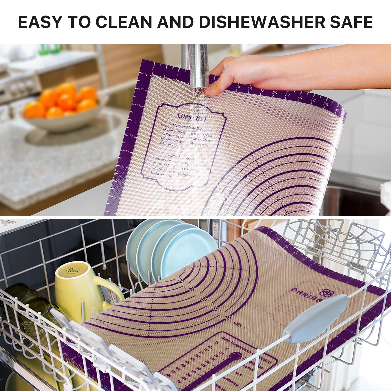 DANIA & DEAN dishwasher safe mat for quick cleanup after baking