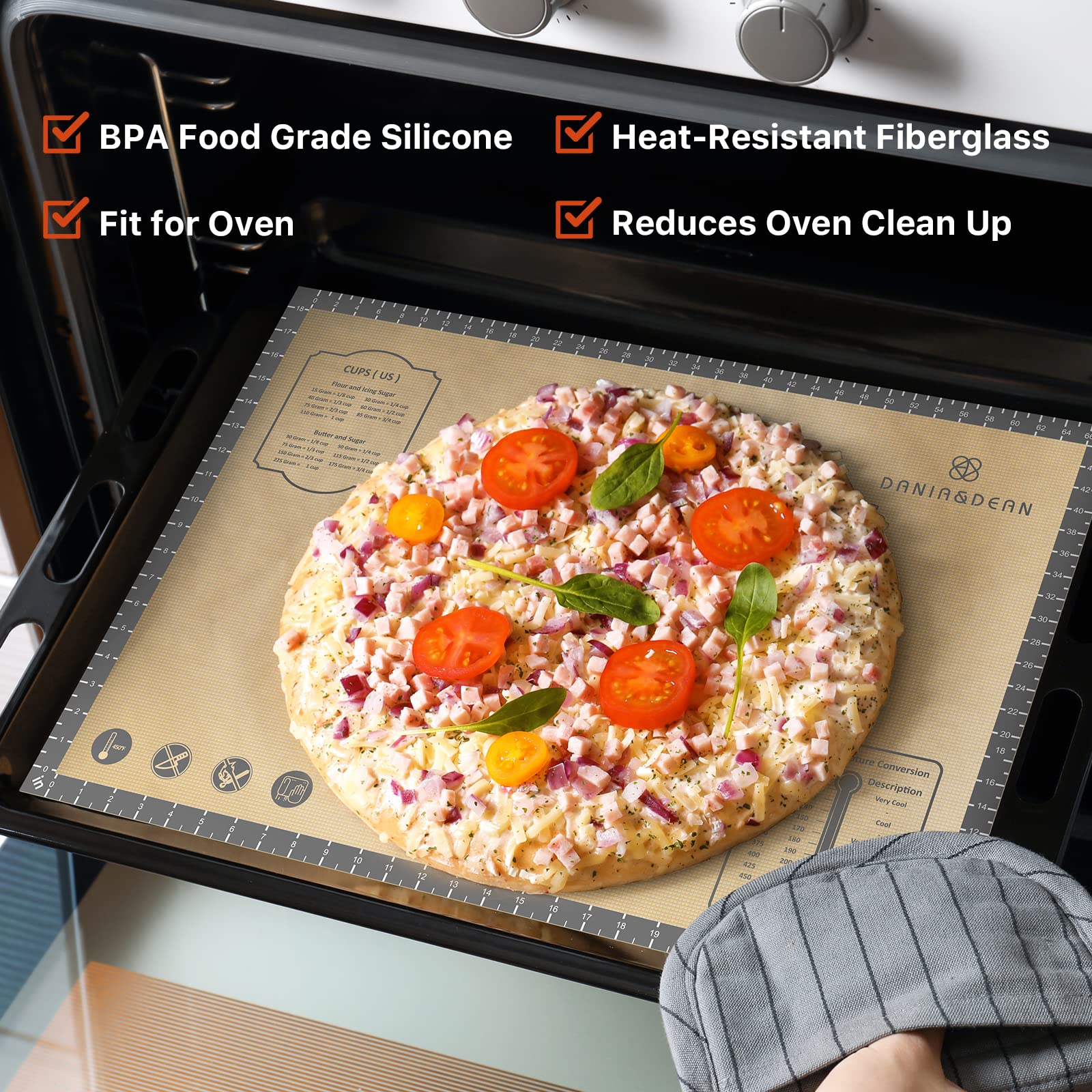 Dania & Dean baking mat rolling-dough highlights stable, non-slip grip.