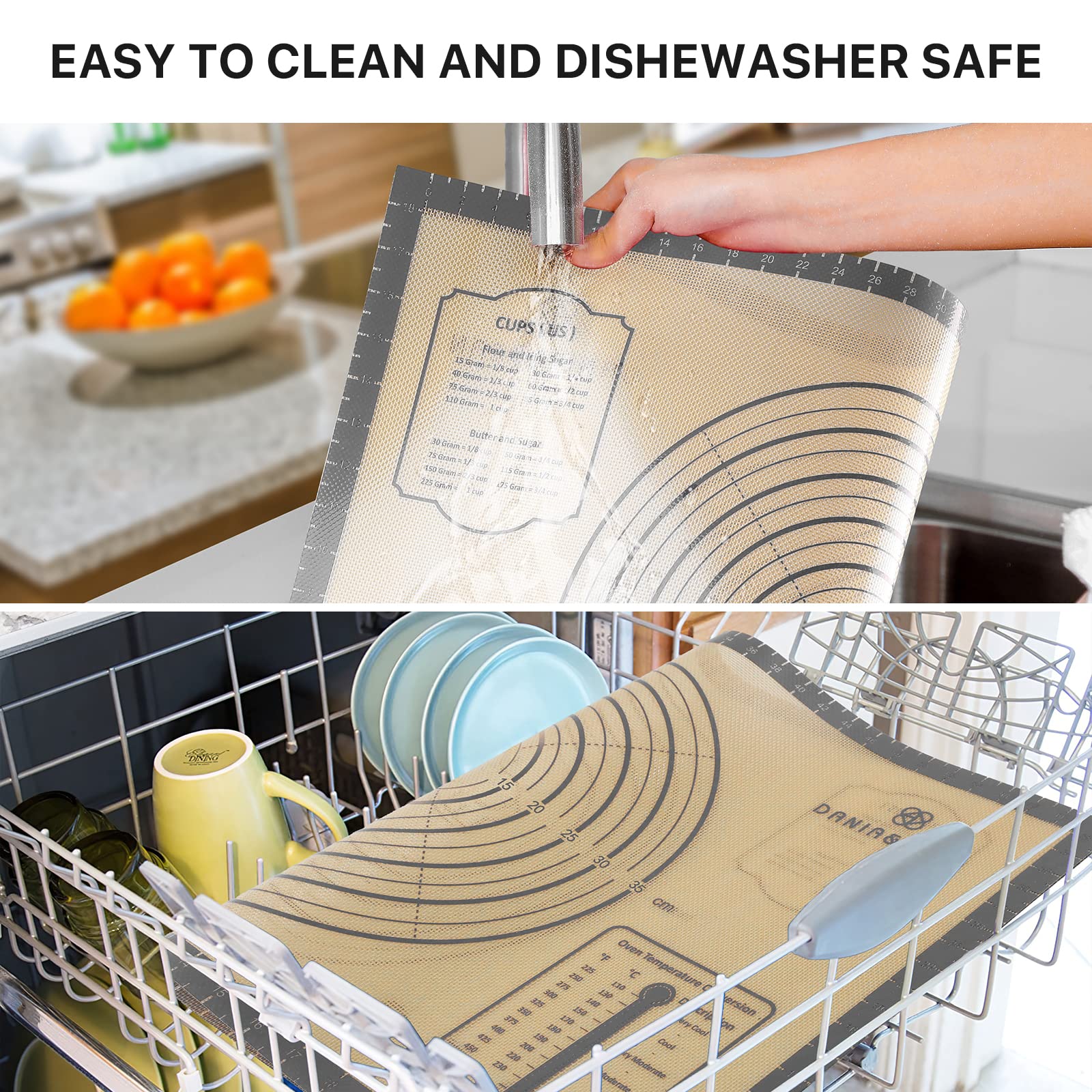 Dania & Dean baking mat is oven-safe for versatile cooking prep.