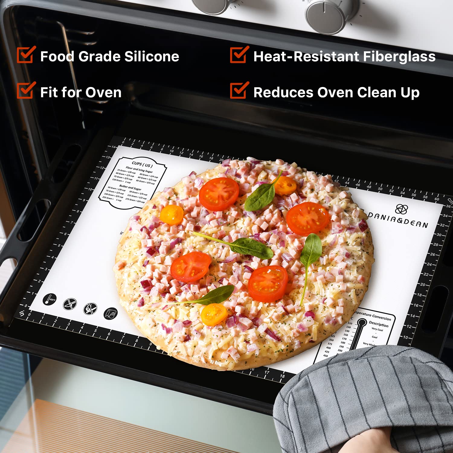 DANIA & DEAN Pastry Mat with measurement grid helps portion and align sheets precisely