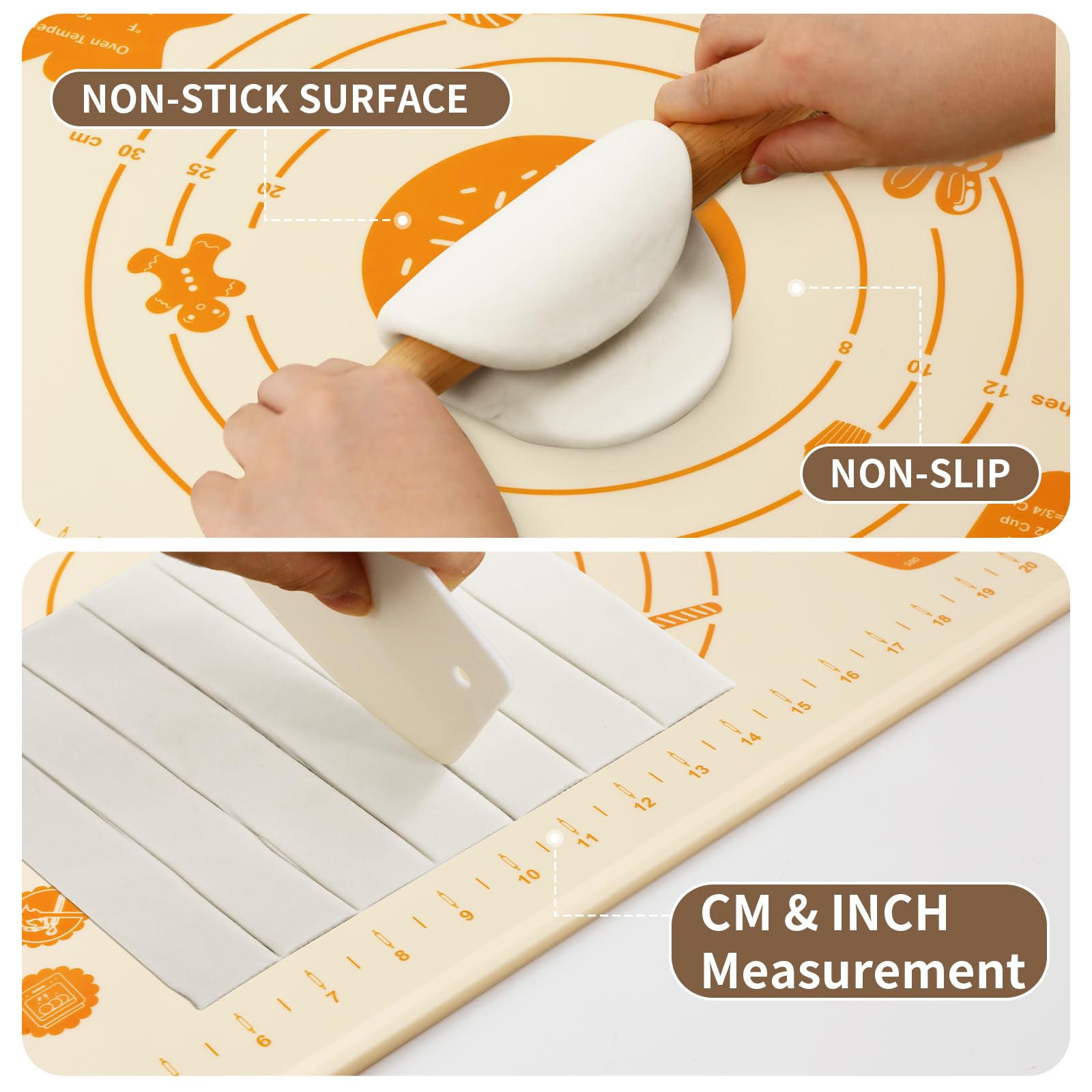 DANIA & DEAN silicone baking mat measurements highlight metric and inch guides for precise cuts