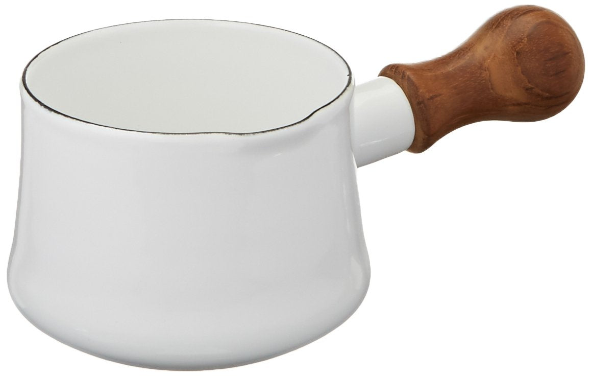 Dansk Kobenstyle White Butter Warmer with ergonomic teak handle for comfortable heating