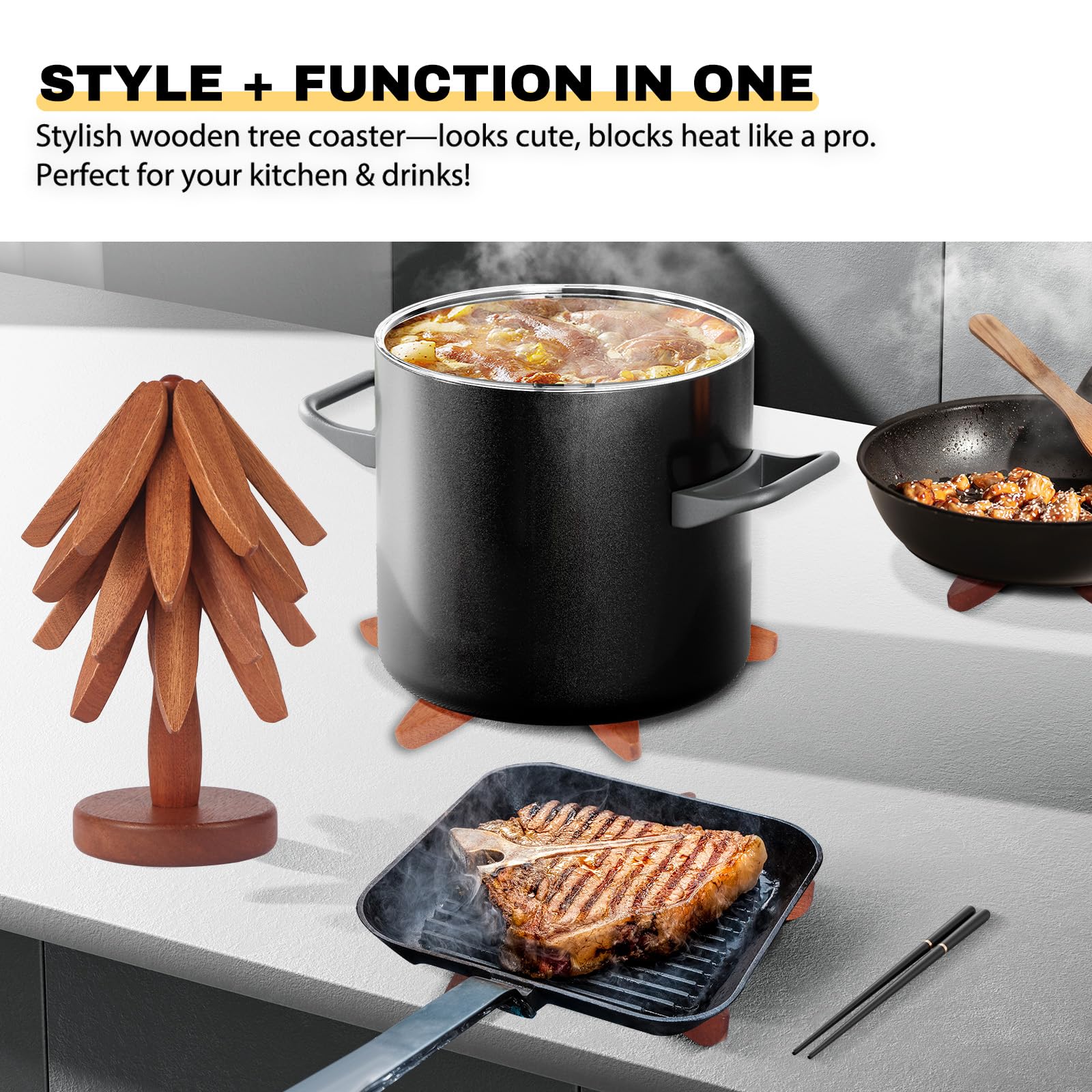 DAOLEMIJI hot dish coasters are tree-shaped and protect surfaces.