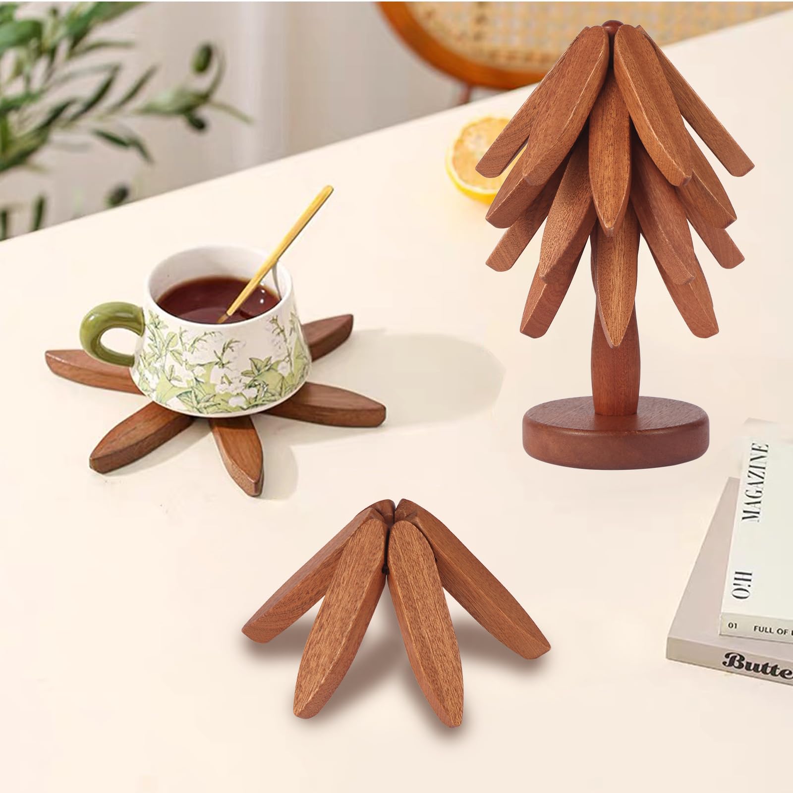DAOLEMIJI wood tree trivet 4-piece set protects surfaces with durable, festive design.