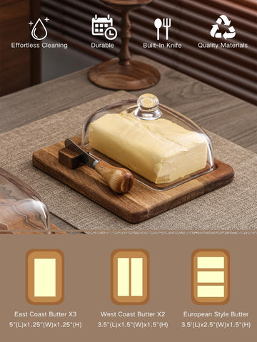 DAQJIOO butter dish with knife resting on cutting board for easy serving.