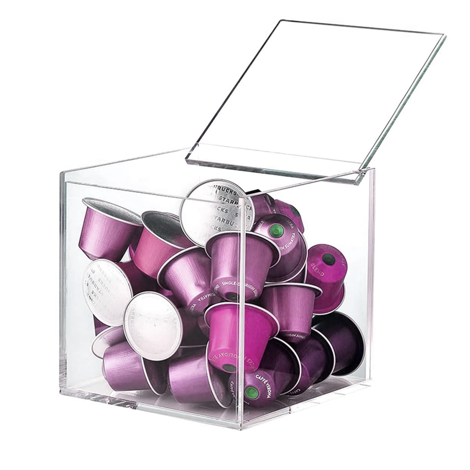 DARENYI coffee pod holder with lid in clear acrylic for easy capsule access.