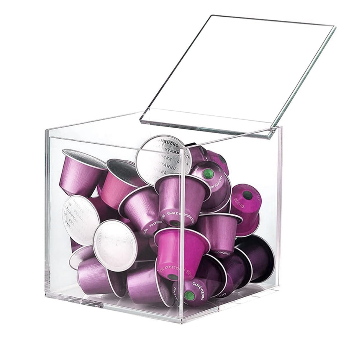 DARENYI coffee pod holder with lid in clear acrylic for easy capsule access.