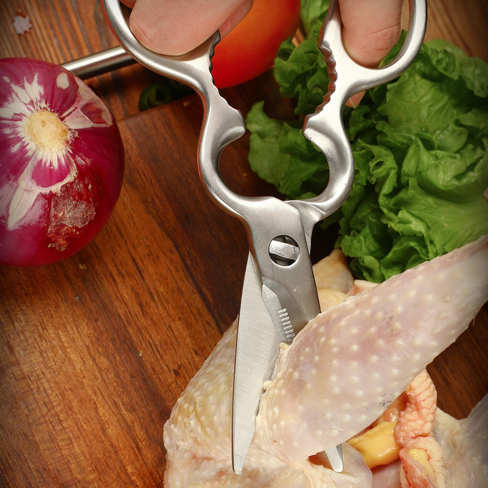 DARK EDGE kitchen shears pivot and handle shown for ergonomic control