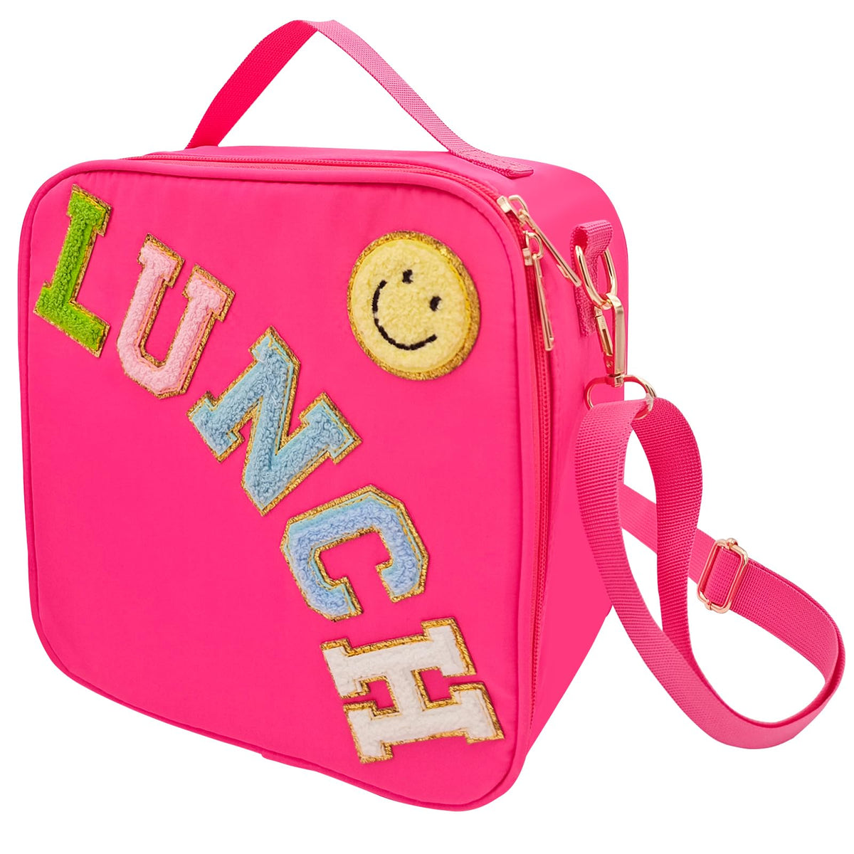 Dark Swan insulated lunch bag with smiley face in rosy red keeps school meals cheerful