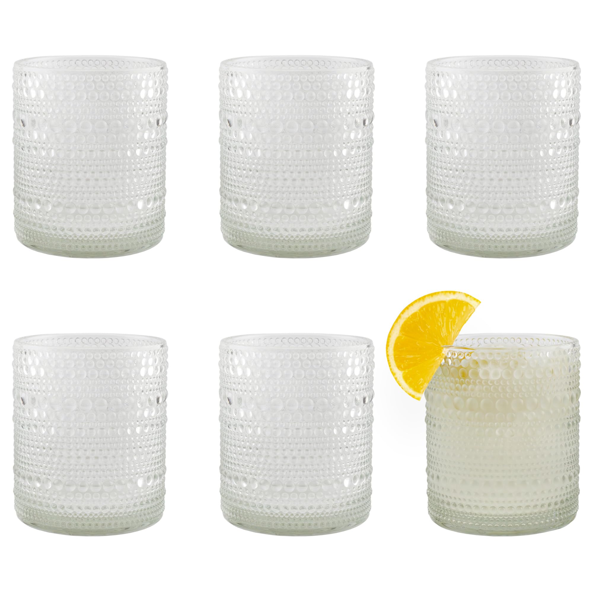 Darware Hobnail 12oz glass front view, ideal for cocktails and water.