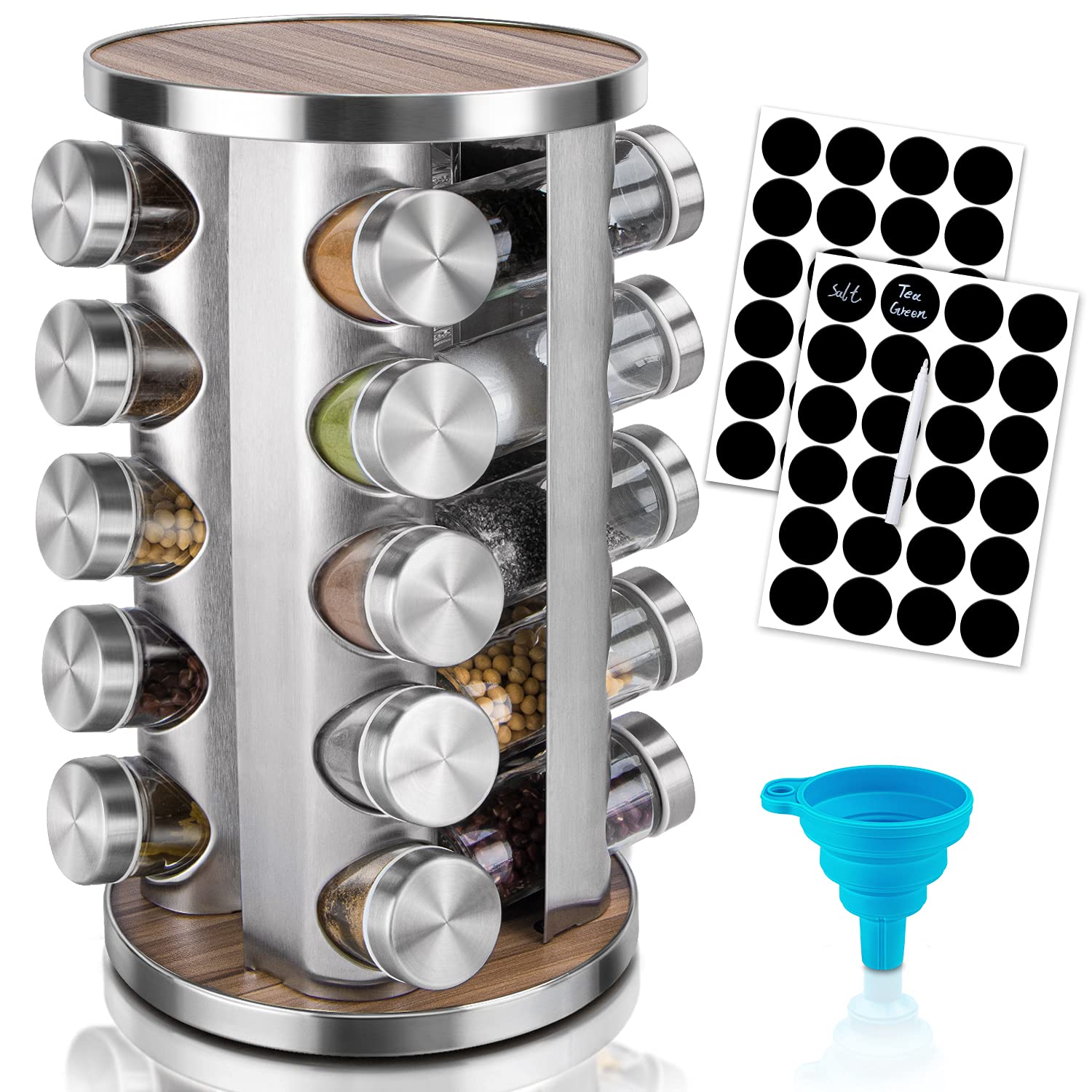 Dasaka rotating spice rack with 20 jars keeps spices within easy reach on the counter.