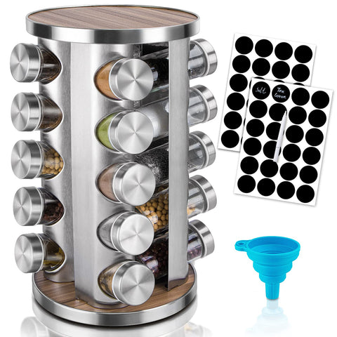 Dasaka rotating spice rack with 20 jars keeps spices within easy reach on the counter.